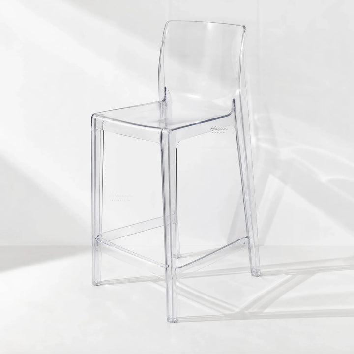 Jupiter Counter Stool in clear polycarbonate; transparent design that lets light flow through.