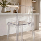 Jupiter Counter Stool in clear polycarbonate at a bright, minimal NZ kitchen island.