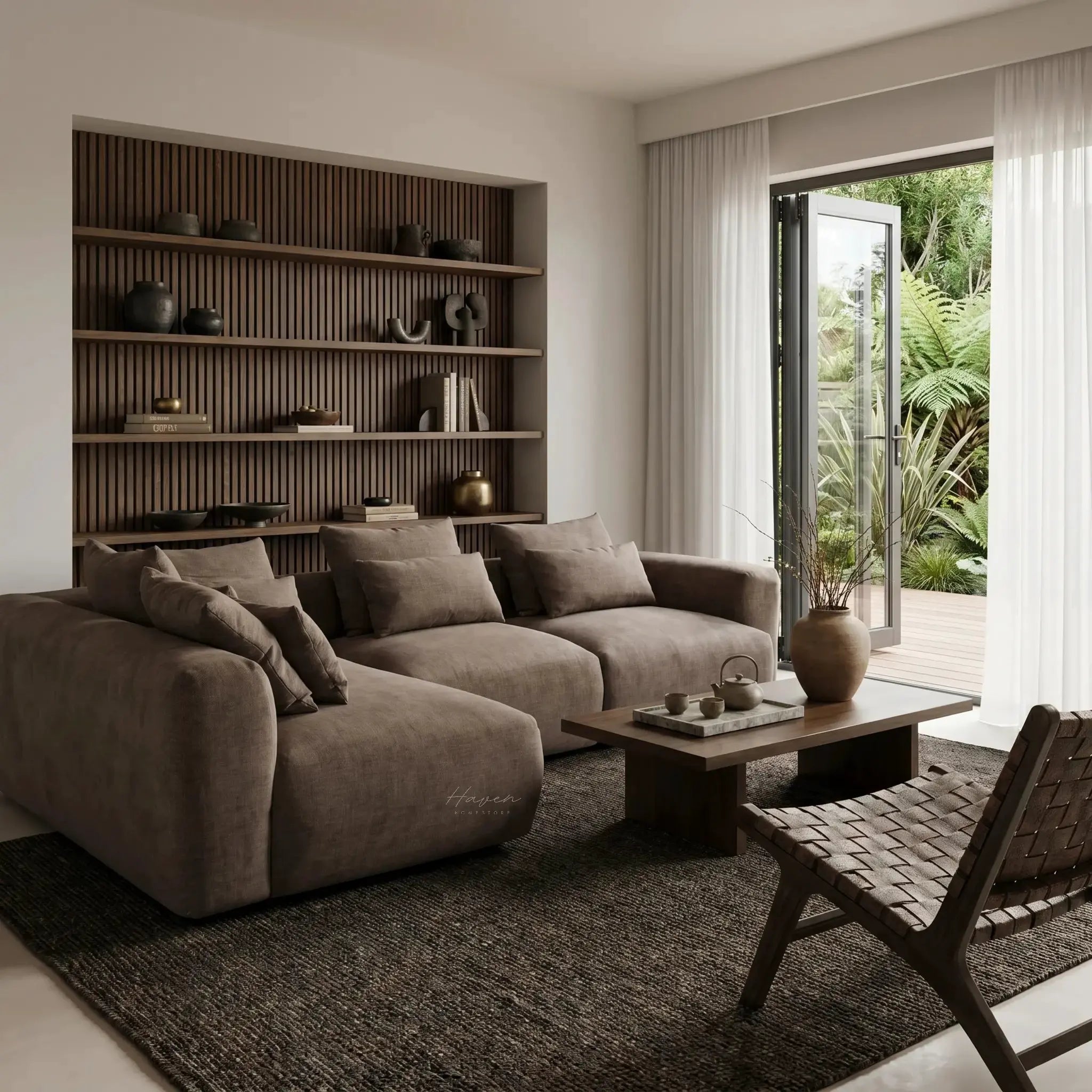 Haven Chaise Sofa - Brownie in a modern living room with warm tones and plush cushions.