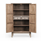 Lotus 2 Door Cabinet in weathered poplar with an aged finish, open doors reveal shelves and two drawers.