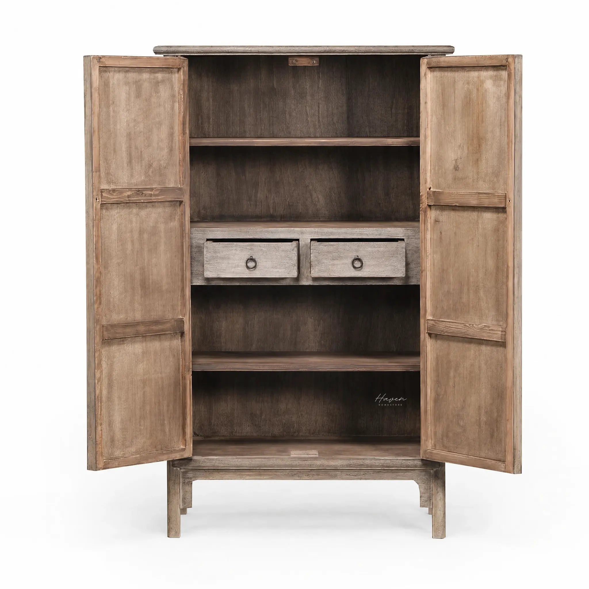 Lotus 2 Door Cabinet in weathered poplar with an aged finish, open doors reveal shelves and two drawers.