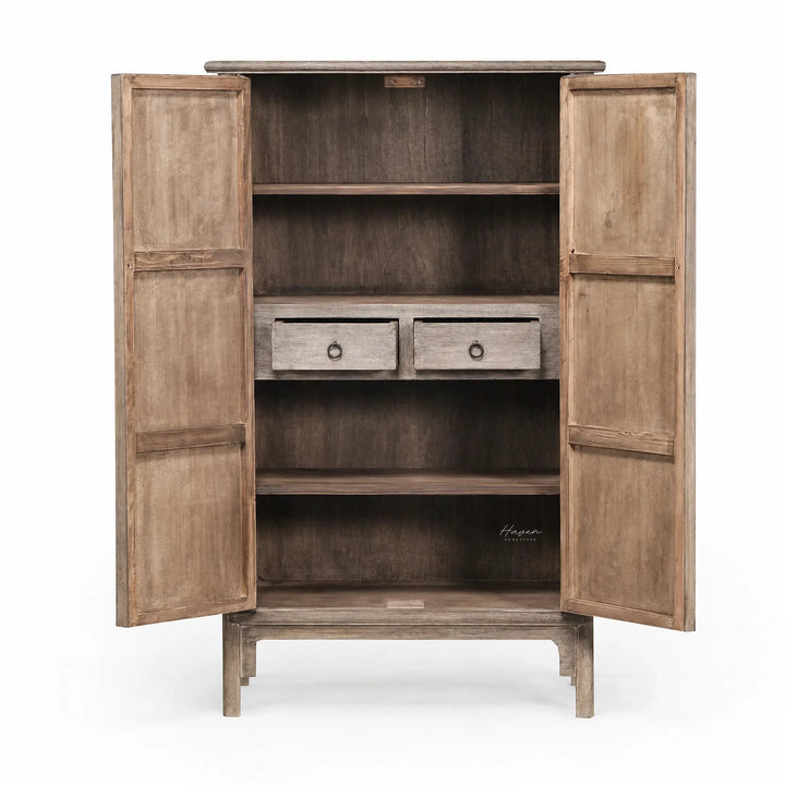 Lotus 2 Door Cabinet in weathered poplar with an aged finish, open doors reveal shelves and two drawers.