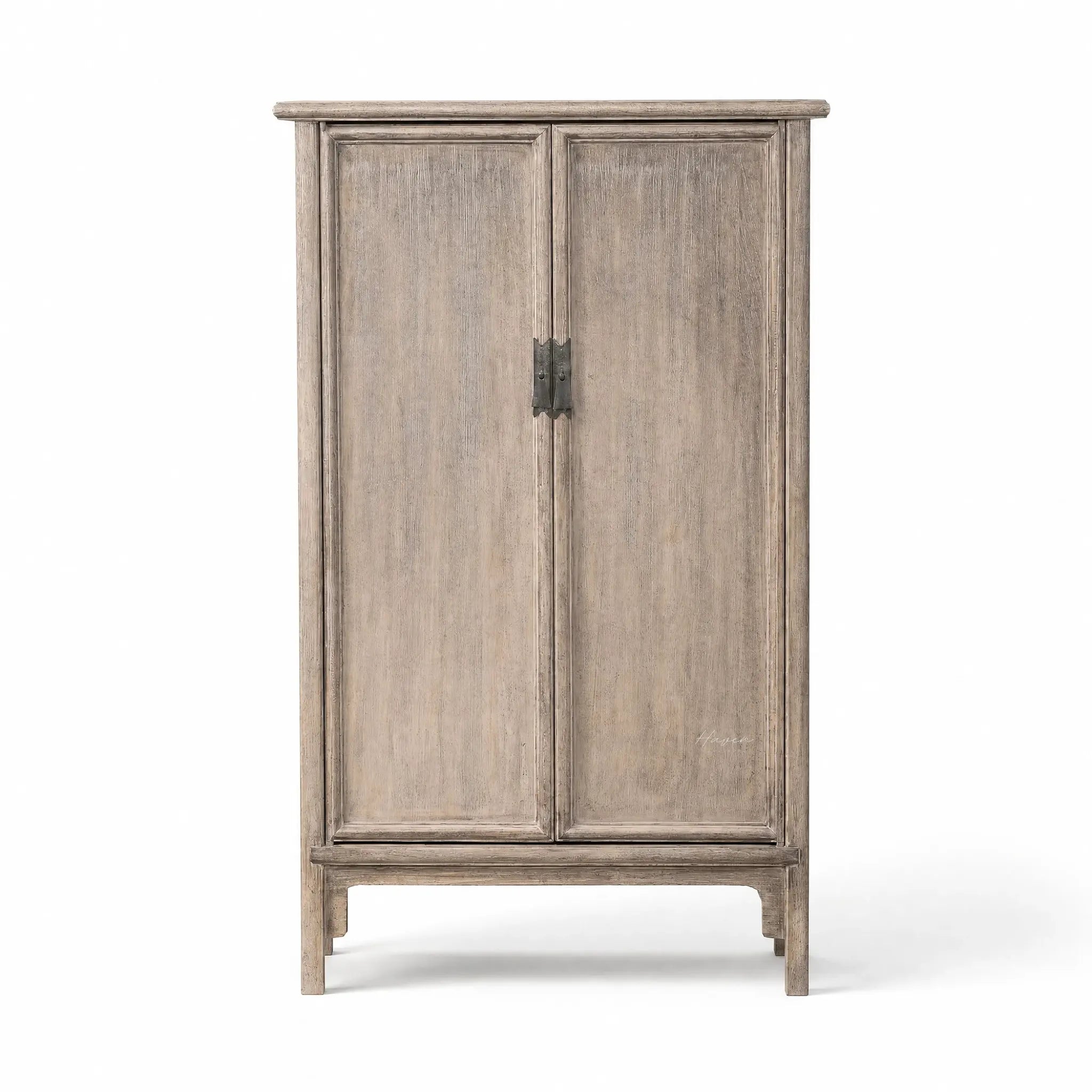 Lotus 2 Door Cabinet in weathered poplar with an aged finish and rustic metal hardware.