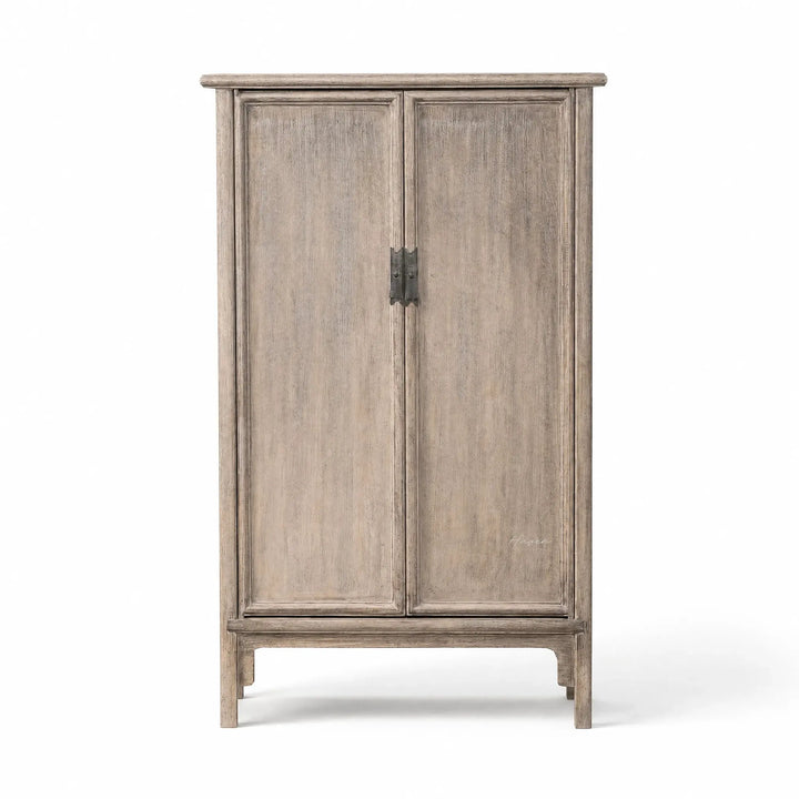 Lotus 2 Door Cabinet in weathered poplar with an aged finish and rustic metal hardware.