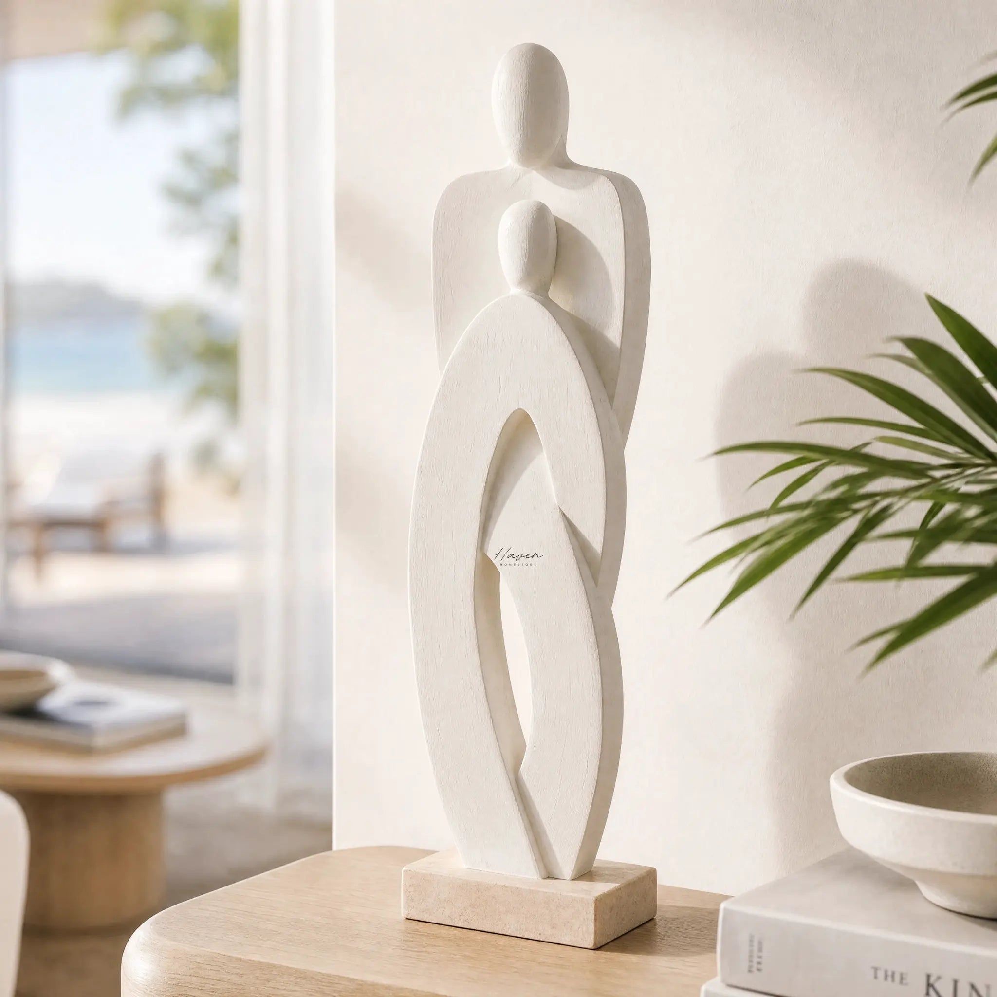 Standing Couple sculpture, handcrafted mango wood from India with a minimalist, flowing silhouette.