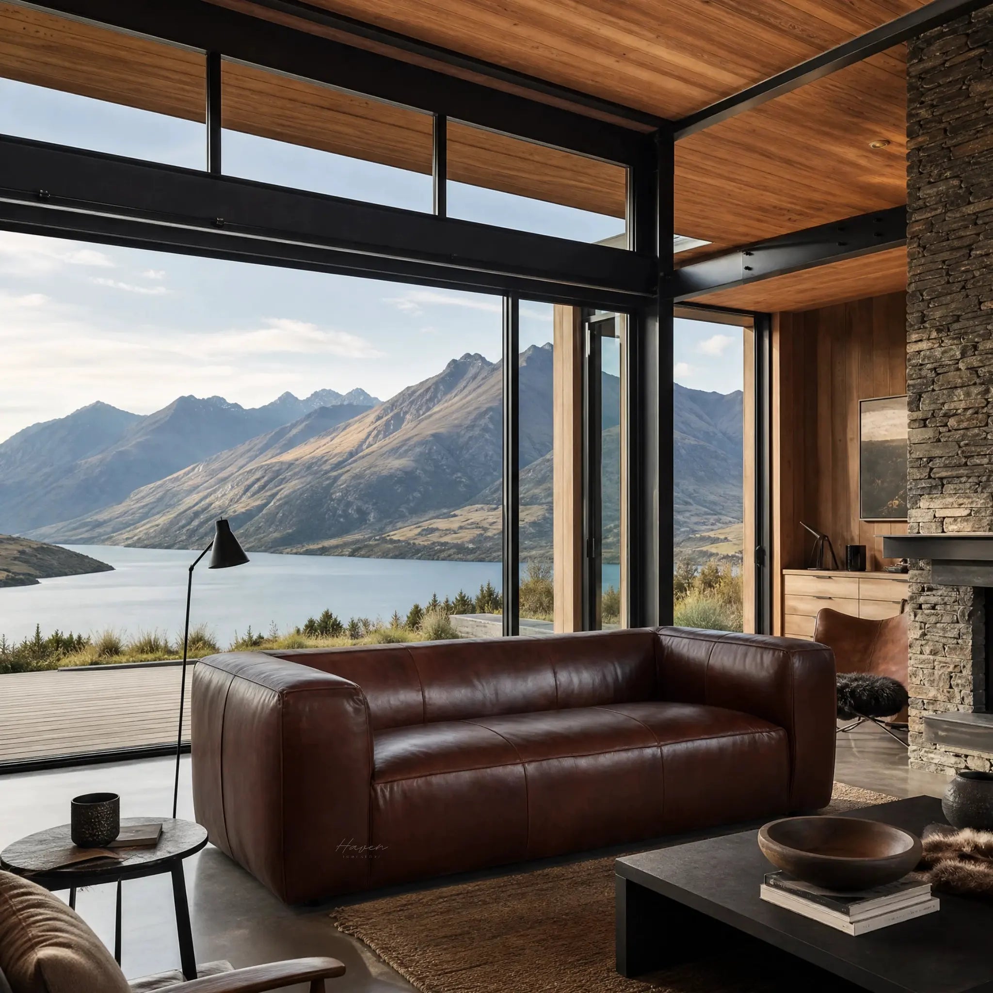 Cardrona Leather Sofa with generous proportions and deep seating in rich leather in a modern mountain-view living room.