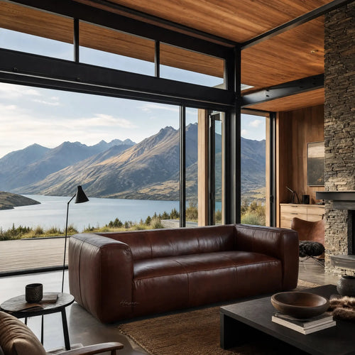 Cardrona Leather Sofa with generous proportions and deep seating in rich leather in a modern mountain-view living room.