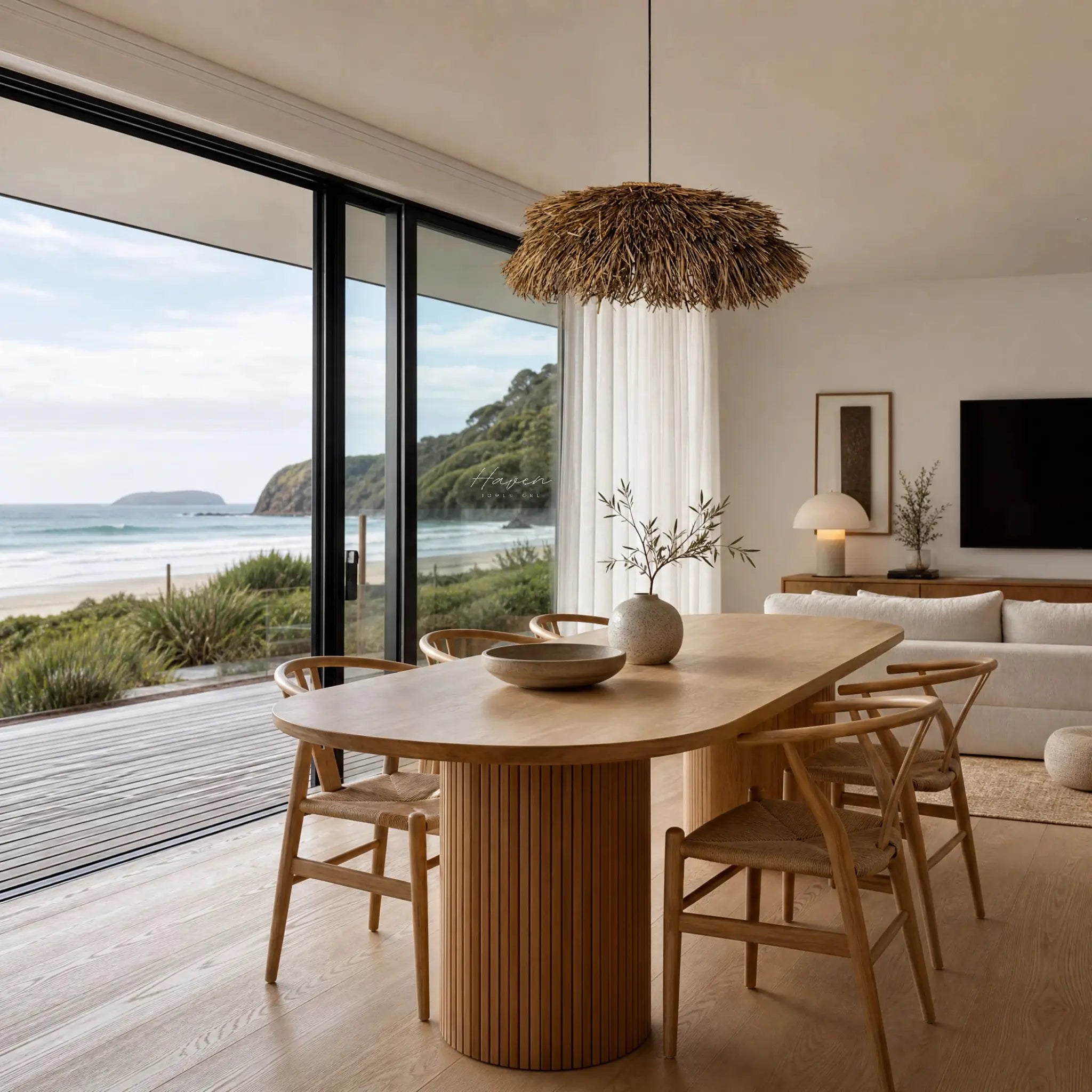 Handcrafted Seagrass Pendant 80cm hangs over a wooden dining table, adding warm texture to a coastal living space.