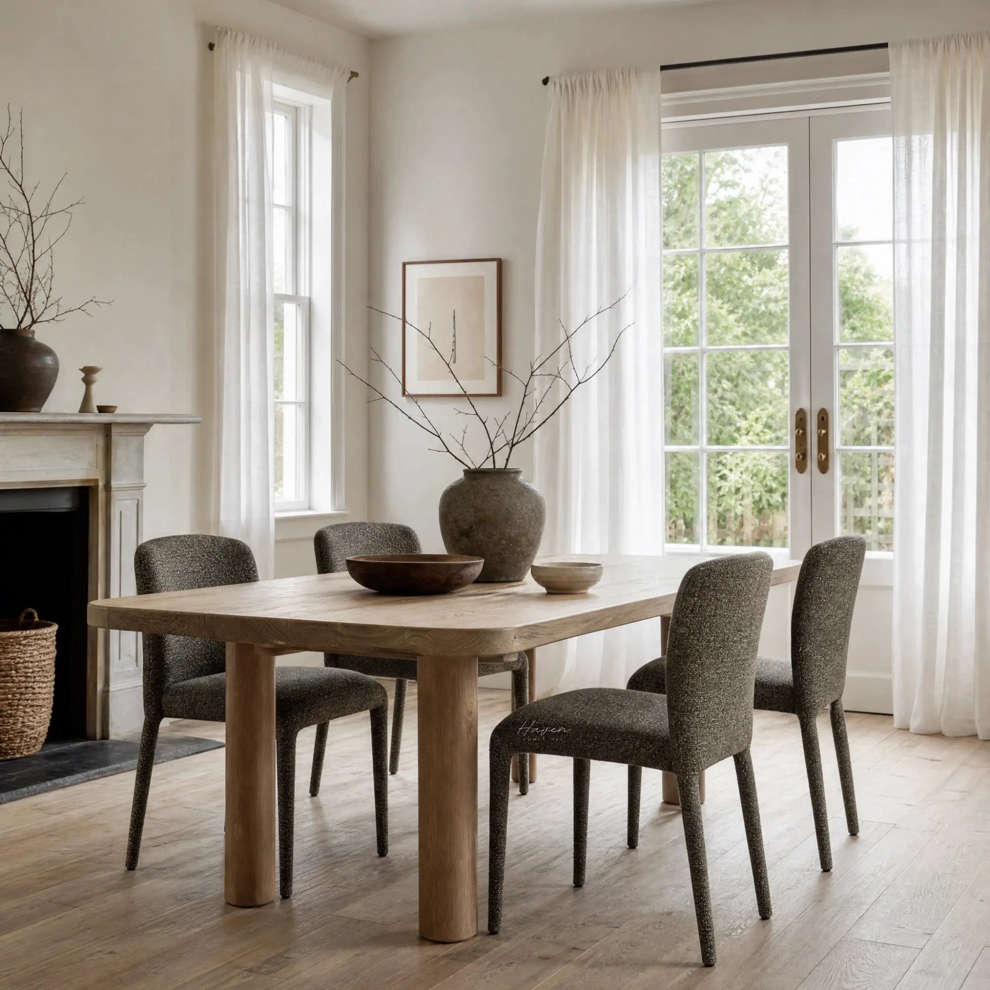 Textured lichen dining chairs with rounded backs surround a natural wood table in a bright room with sheer curtains.