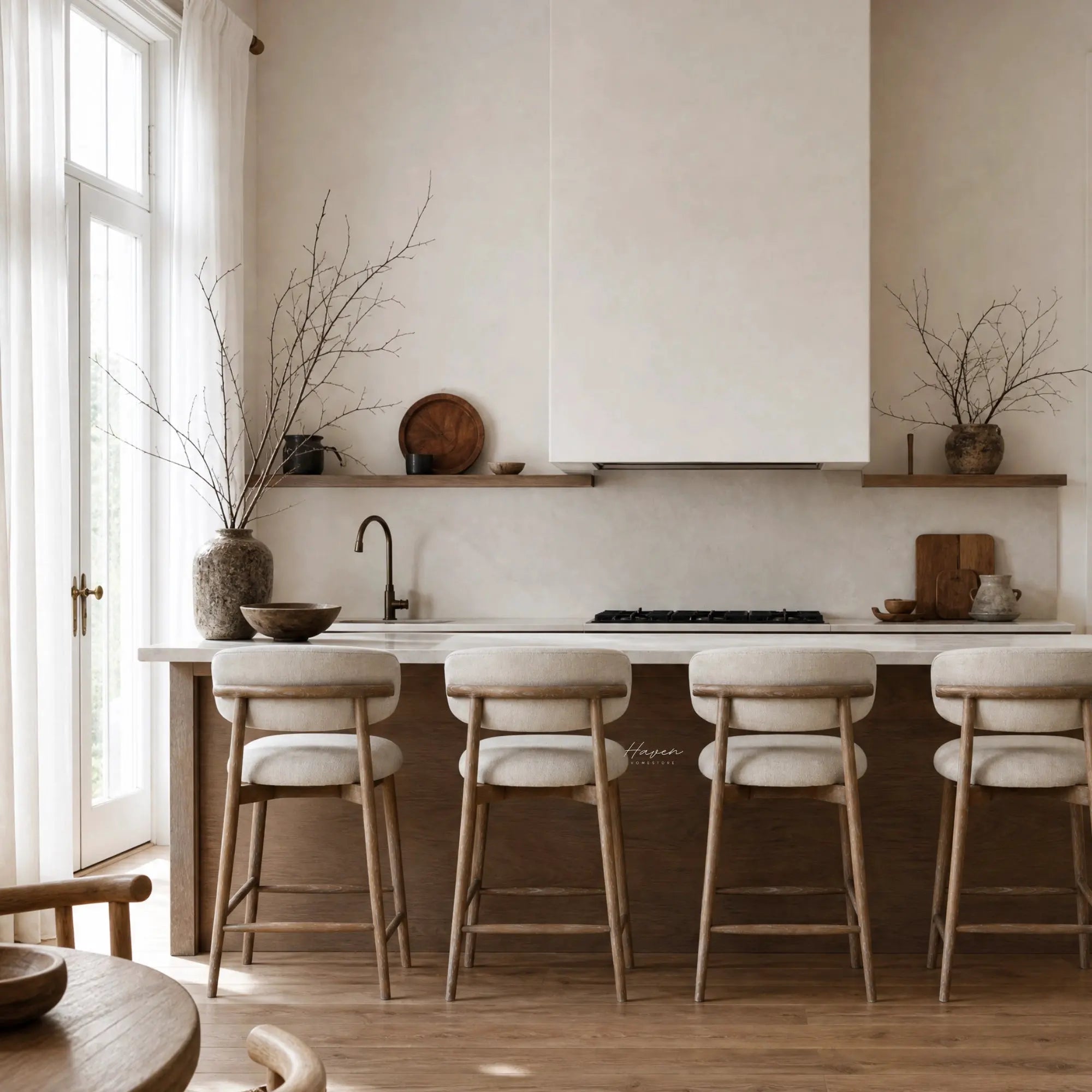 Four light ash counter stools with cream upholstery line a kitchen island, adding warmth and relaxed comfort to the space.