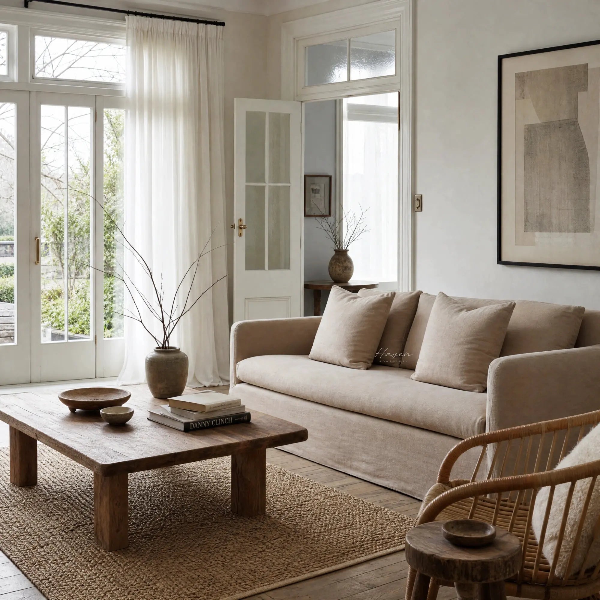 Beige slipcovered sofa with plush cushions in a sunlit living room featuring a rustic wooden coffee table and sheer curtains.