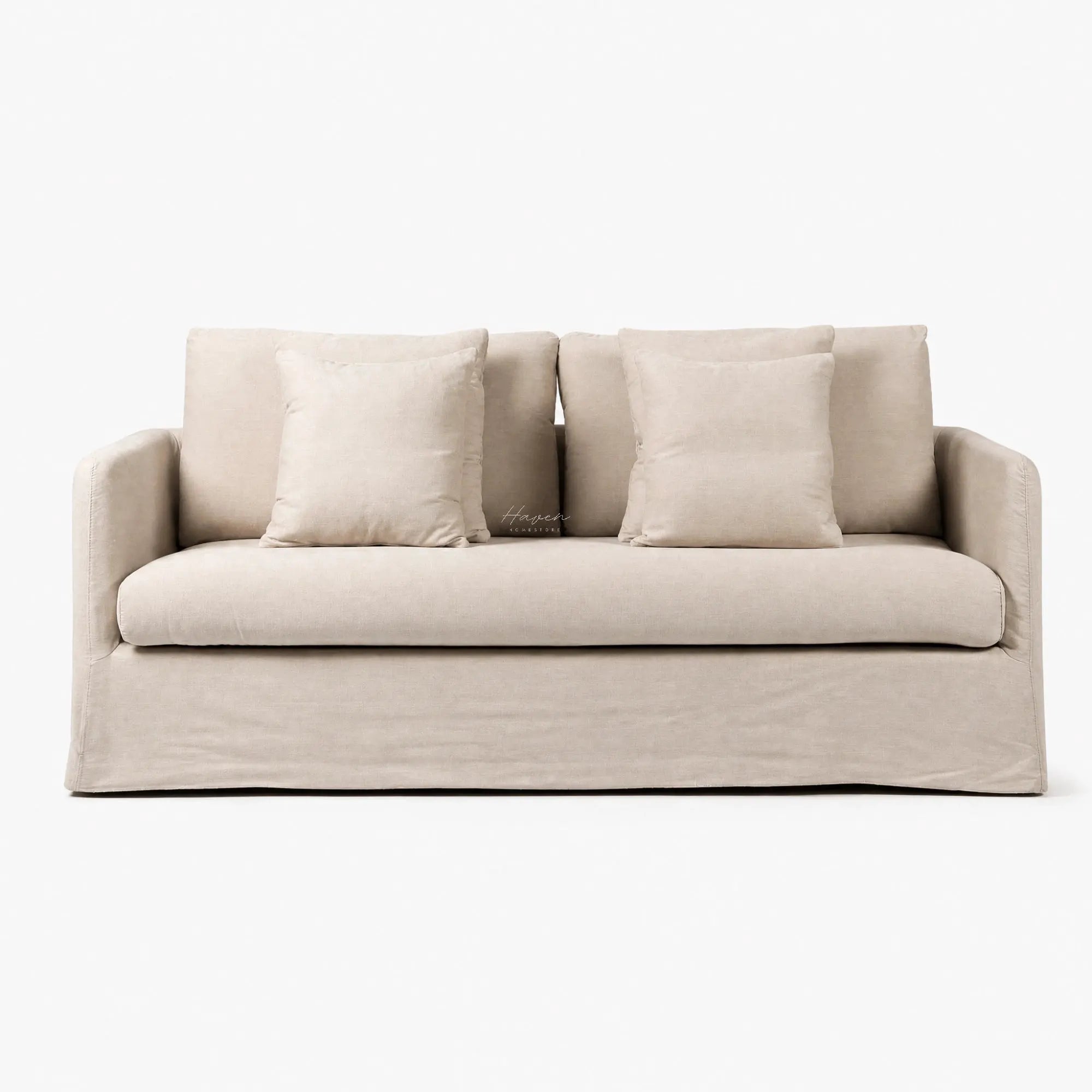 Beige Lumi slipcover sofa with soft tailored polyester fabric, generous cushioning, and matching throw pillows.