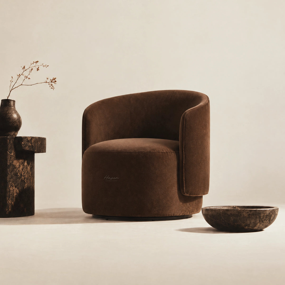 Orsa Swivel Chair - Cacao Velvet Lounge Chair at Haven Homestore