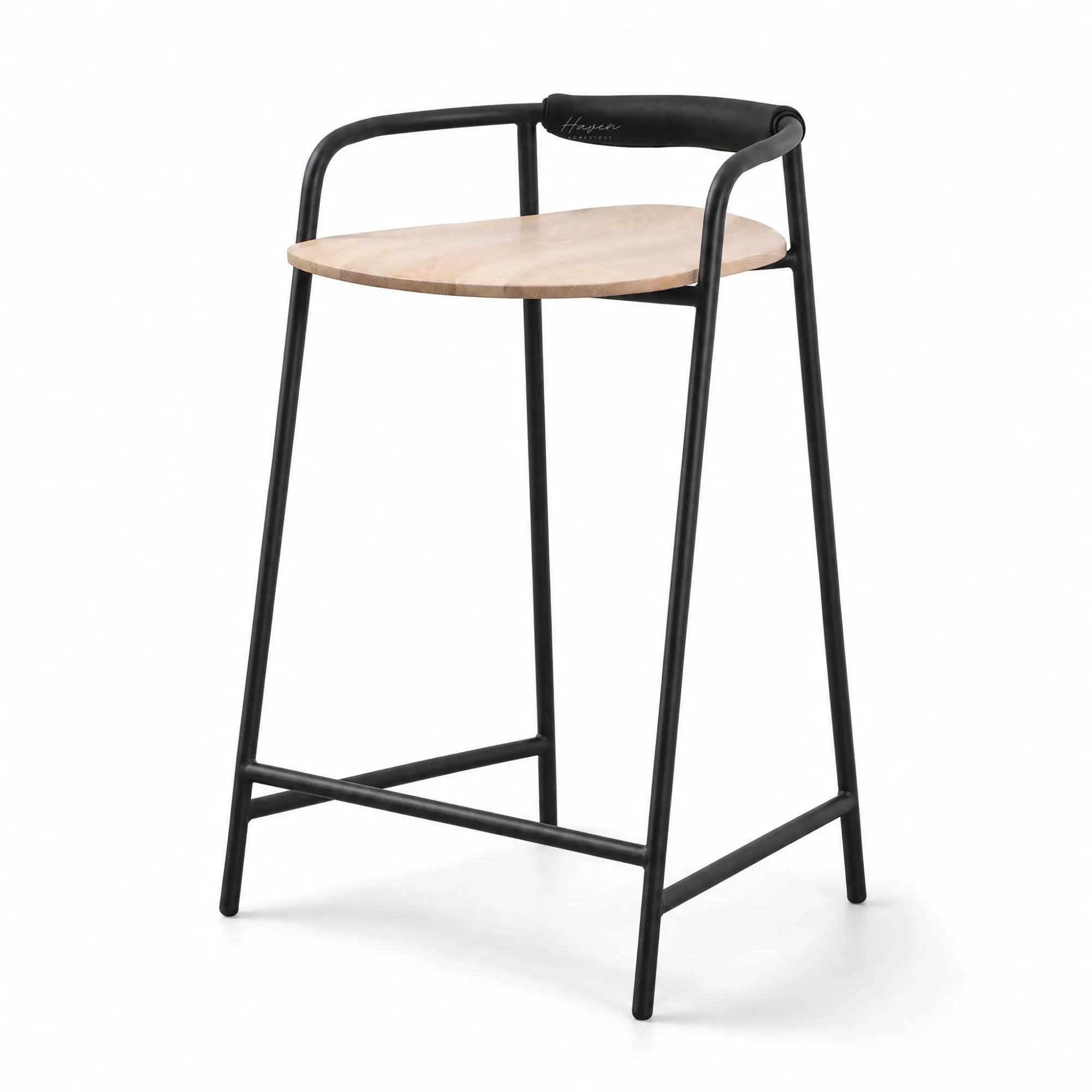 Scandinavian counter stool with natural ash wood seat, black iron frame, and padded leather backrest.