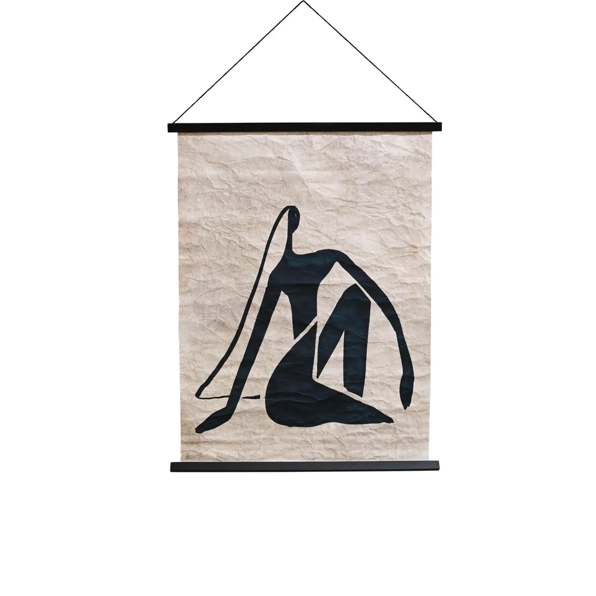 Hanging Paper Scroll Art – Resting Lady with a minimalist reclining silhouette on crumpled textured paper.