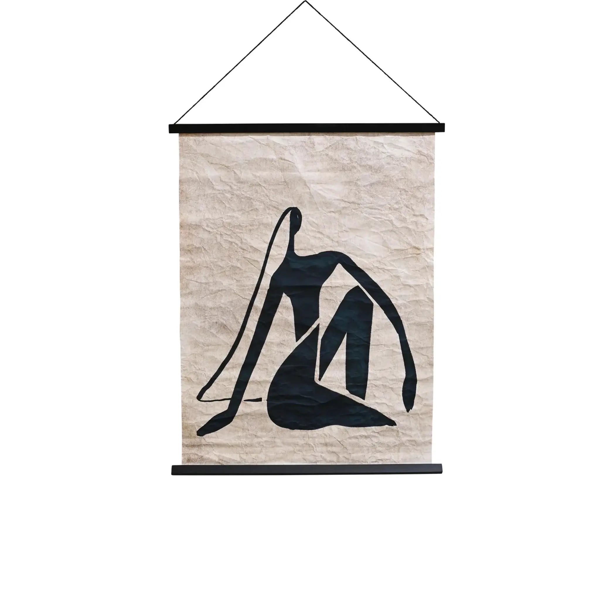 Hanging Paper Scroll Art – Resting Lady with a minimalist reclining silhouette on crumpled textured paper.