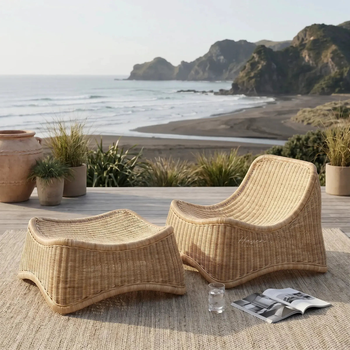 Sika® Icons Chill Chair and Footstool, handwoven natural core weave rattan, coastal NZ vibe.