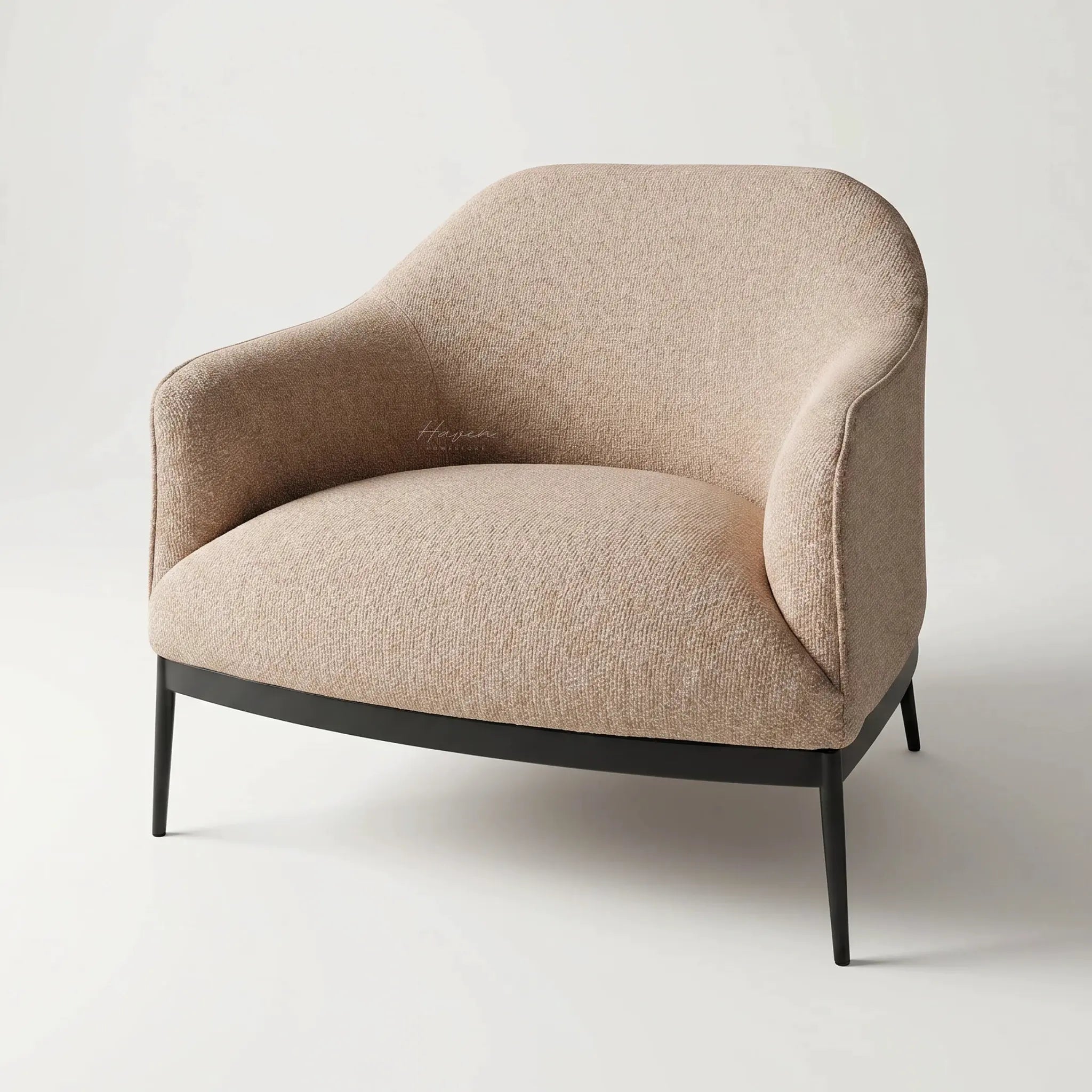 The Sydney Chair in taupe, textured recycled-polyester fabric with a relaxed silhouette and black metal legs.
