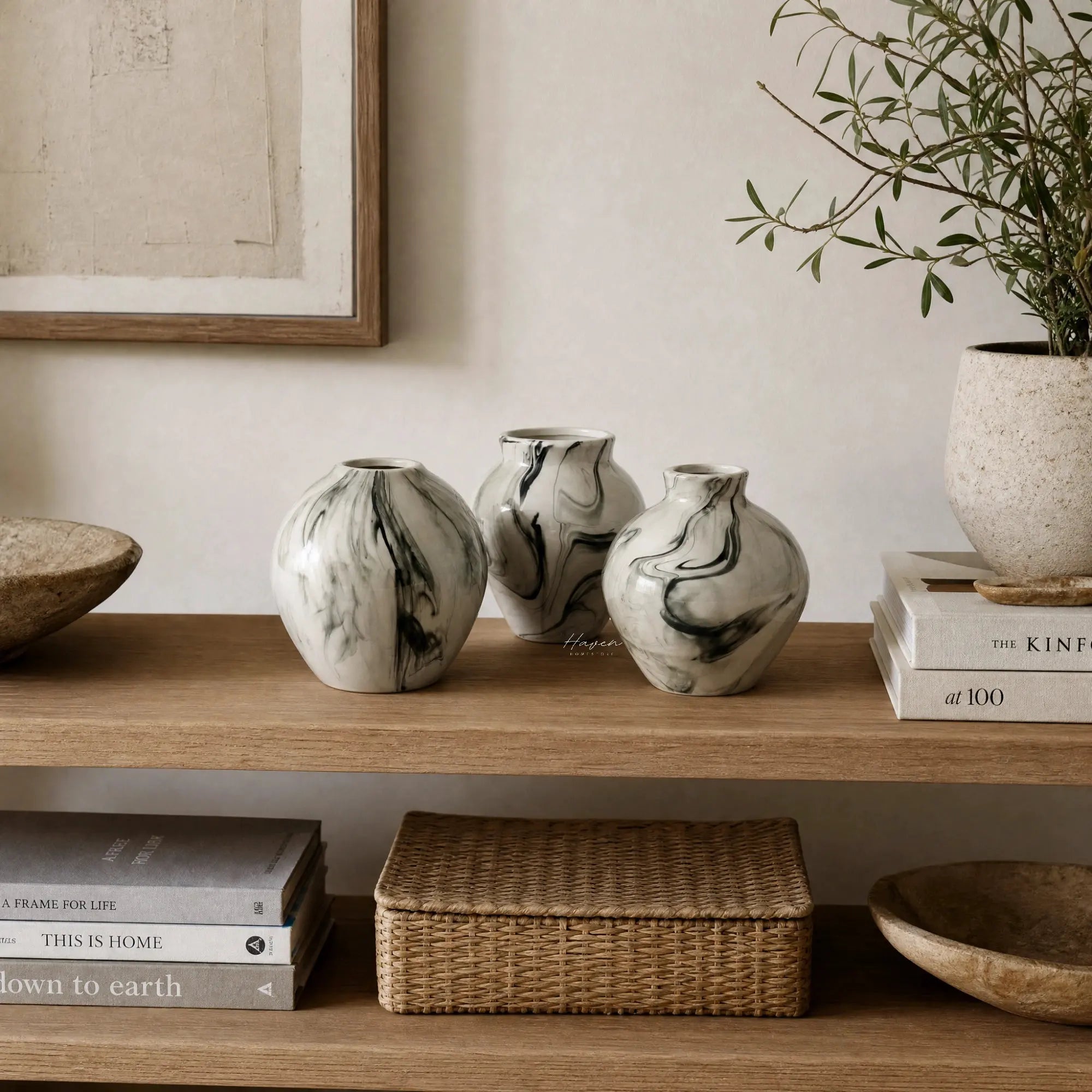 Broste Ingrid Vase Set/3: trio of soft-rounded Nordic ceramic vases with marbled reactive glaze
