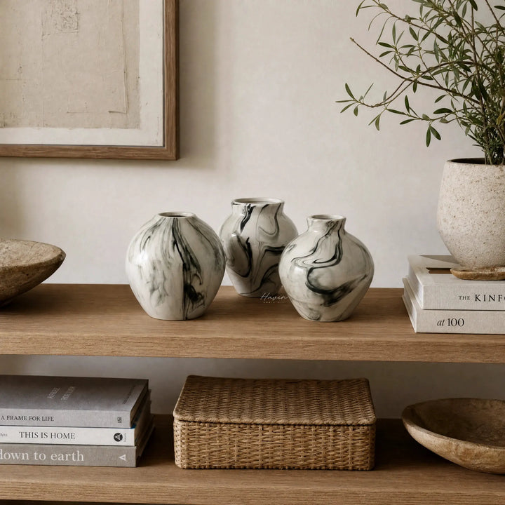 Broste Ingrid Vase Set/3: trio of soft-rounded Nordic ceramic vases with marbled reactive glaze