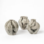 Broste Ingrid Vase Set/3: three Nordic-inspired ceramic vases with rounded silhouettes and marbled reactive glaze.