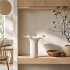 White fluted bone china Bloom vase on wooden shelf