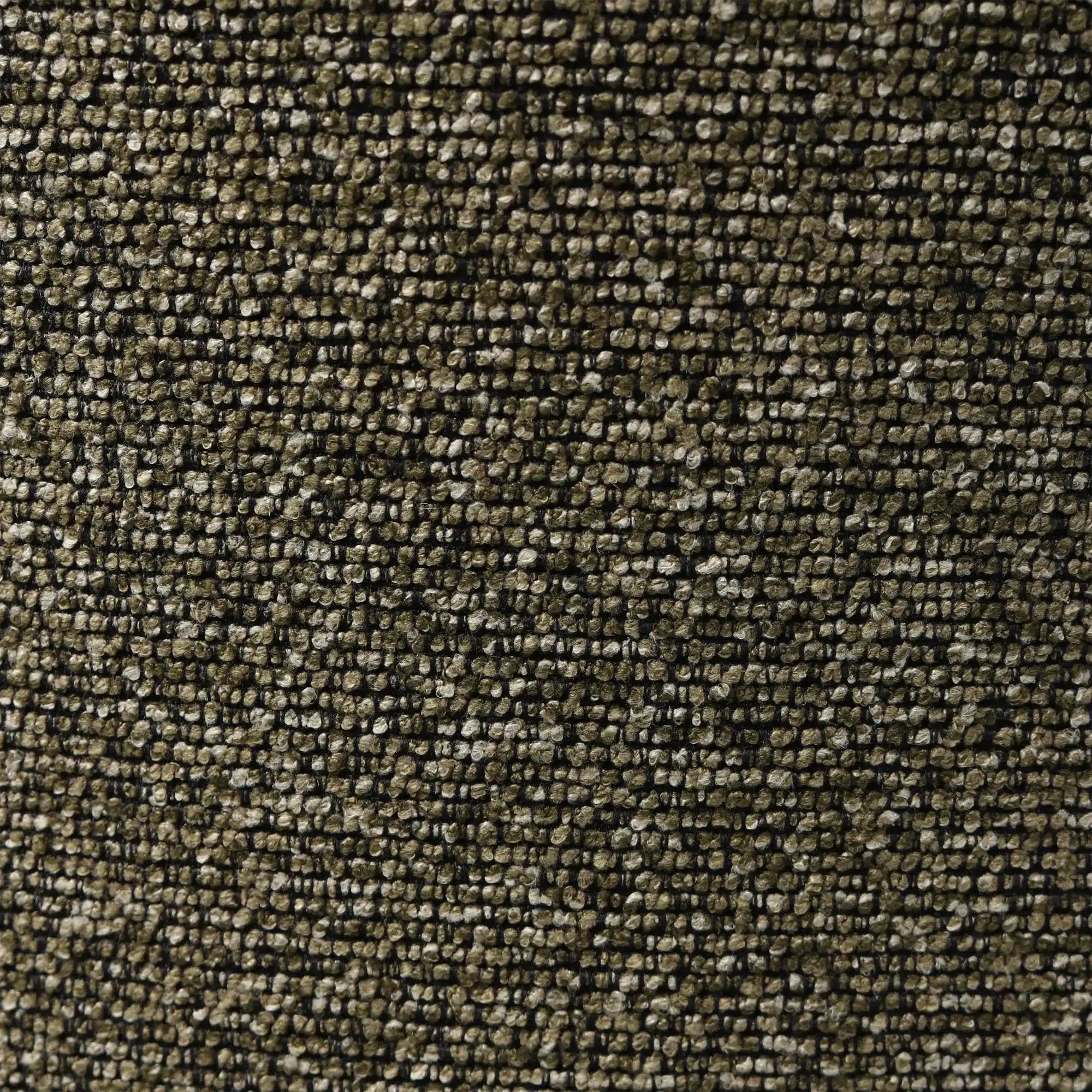 Textured olive green polyester fabric swatch featuring a coarse, woven boucle weave with flecks of beige and dark thread.
