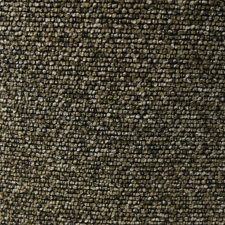 Textured olive green polyester fabric swatch featuring a coarse, woven boucle weave with flecks of beige and dark thread.